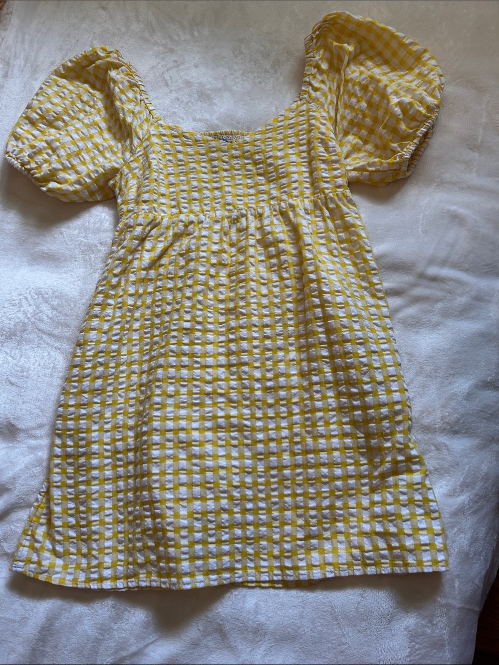 Old Navy Yellow & White Gingham Puff-Sleeve Mini Dress
